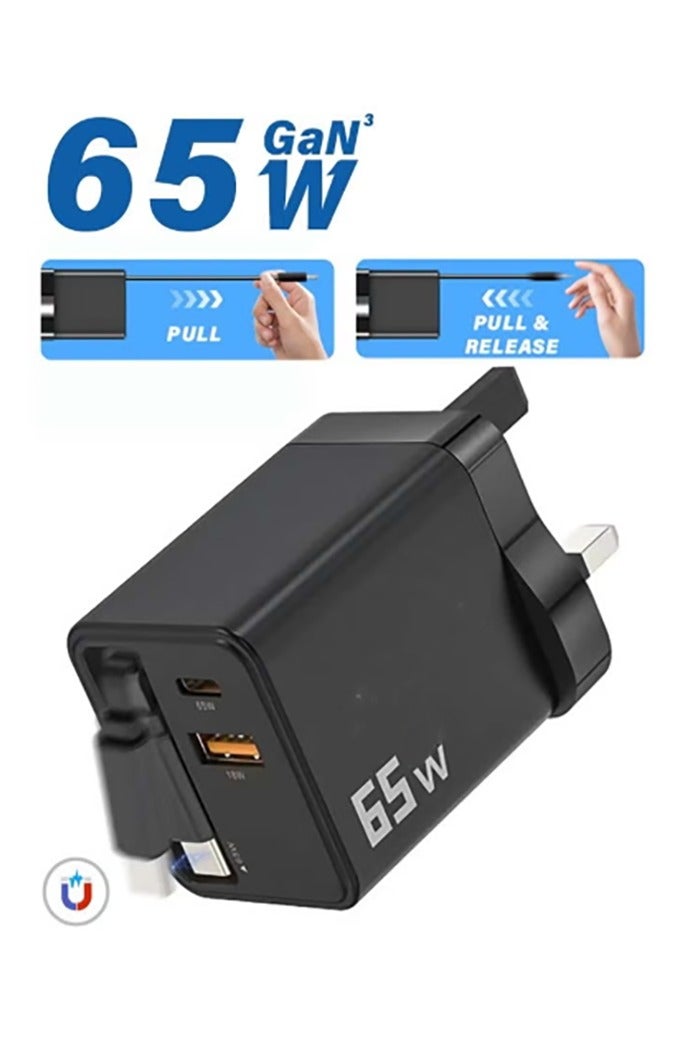 65W Charger Adapter, GaN Super Fast Charging, Portable Travel Wall Charger, Built-in Retractable Charging Cable, Type-C/USB Dual Interface, iPhone/Android/Tablet, Compact, Safe and Durable - Image 1