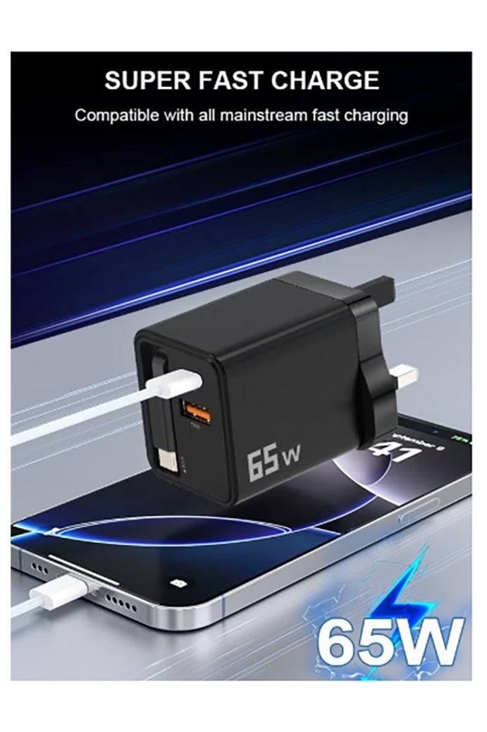 65W Charger Adapter, GaN Super Fast Charging, Portable Travel Wall Charger, Built-in Retractable Charging Cable, Type-C/USB Dual Interface, iPhone/Android/Tablet, Compact, Safe and Durable - Image 3