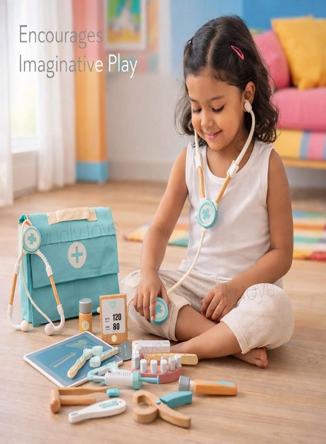Wudly Wooden Doctor Play Set for Kids | Pretend Play Medical Kit with Carry Bag | Montessori Role Play Toy for Imaginative Learning | Educational Wooden Toy for Toddlers & Kids 3–7 Years - Image 3