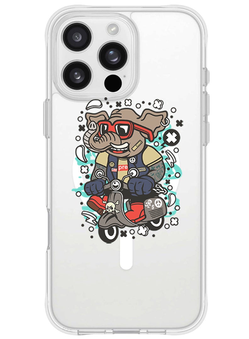 Theodor iPhone 16 Pro Max Magsafe Magnetic Case for iPhone Compatible with Wireless Charging, Shockproof Phone Bumper Cover - Elephant on bike - Image 1