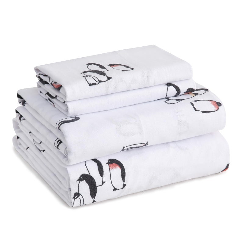 LONAVA 100% Cotton Flannel Sheet Set 4 Pieces, Heavy-Duty Fluffy Flannel Design, Thermal Lock Technology, 16 inch Deep Pocket Cozy Soft Bedsheets,(Queen,Peguin) - Image 1