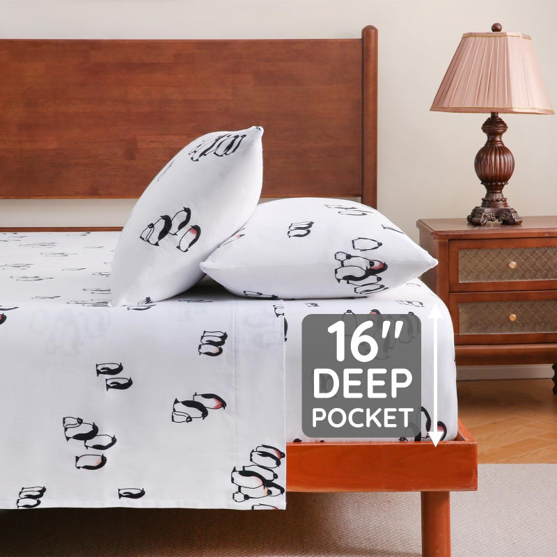 LONAVA 100% Cotton Flannel Sheet Set 4 Pieces, Heavy-Duty Fluffy Flannel Design, Thermal Lock Technology, 16 inch Deep Pocket Cozy Soft Bedsheets,(Queen,Peguin) - Image 5