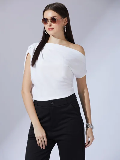 globus Women White One Shoulder Extended Sleeve Party Top