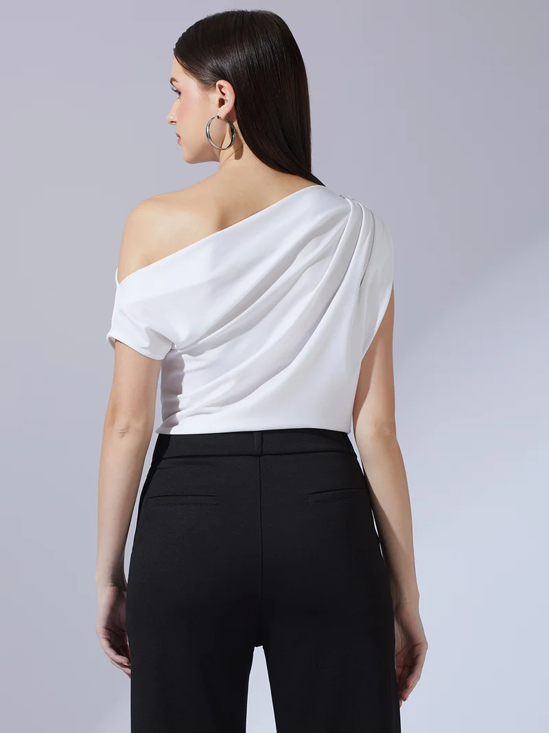globus Women White One Shoulder Extended Sleeve Party Top