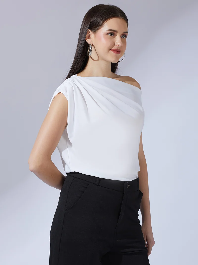 globus Women White One Shoulder Extended Sleeve Party Top