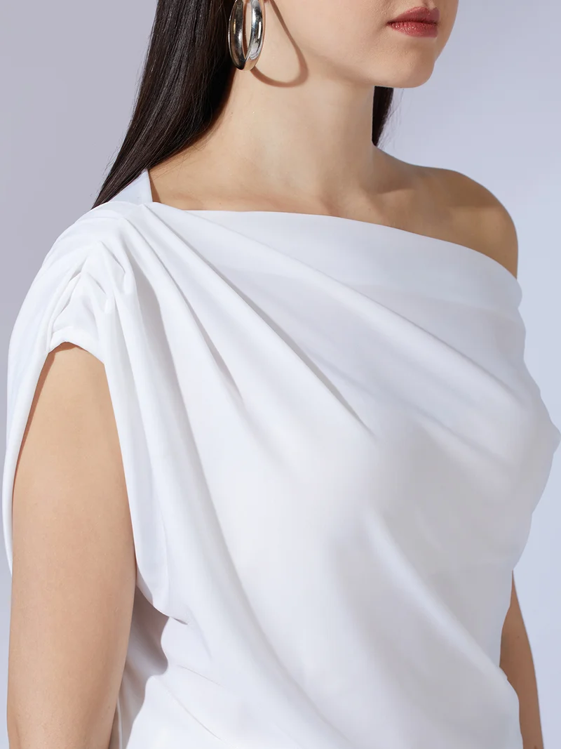 globus Women White One Shoulder Extended Sleeve Party Top