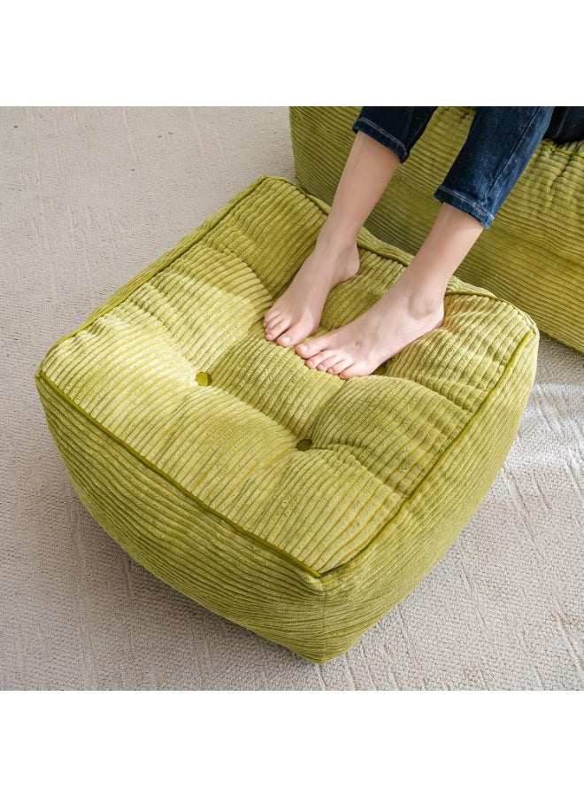 Square Stuffed Pouf Ottoman, Corduroy Poufs with Foam Chunk Filling, Furry and Fluffy Pouf Foot Stool Storage Ottoman, 21 X 21 Floor Poufs Foot Rest for Living Room, Green - Image 1
