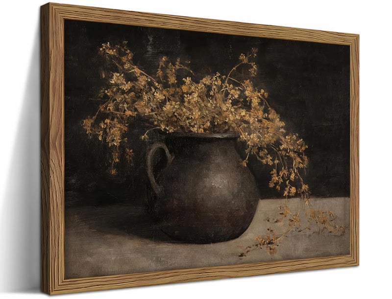 AKWISH Vintage Dark Framed Wall Art, Farmhouse Floral Autumn Painting, Cottagecore Botanical Vase Wall Decor, Country Cottage Pictures Aesthetics Canvas Print for Living Room Bedroom â€“ 8x10 inch - Image 1