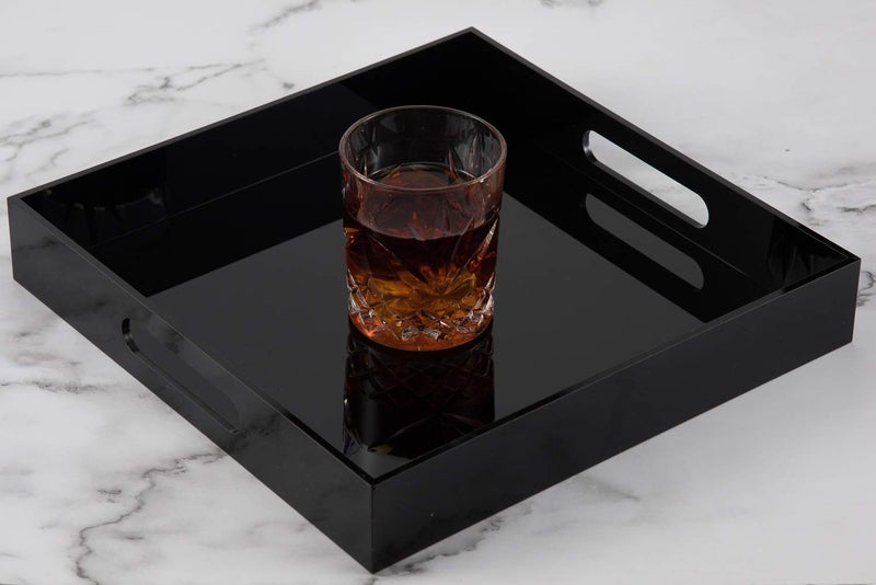 KEVLANG Glossy Black Sturdy Acrylic Serving Tray with Handles-10x10Inch-Serving Coffee Food Breakfast Butler-Kitchen Countertop Tray-Makeup Drawer Organizer-Vanity Table Ottoman Tray-Decorative Tray - Image 2