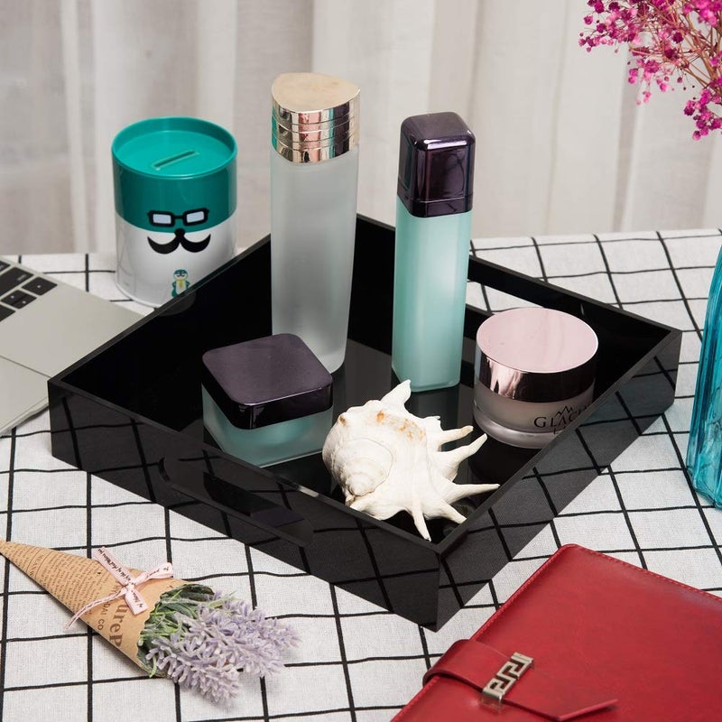 KEVLANG Glossy Black Sturdy Acrylic Serving Tray with Handles-10x10Inch-Serving Coffee Food Breakfast Butler-Kitchen Countertop Tray-Makeup Drawer Organizer-Vanity Table Ottoman Tray-Decorative Tray - Image 3