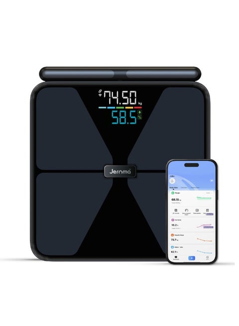 Jeroma FitPro+ Smart Digital Bathroom Weight Scale | 8-Electrode Body Composition Weighing Scale with 56 Health Metrics, Bluetooth App Sync, LED Display, Multi-User Profiles | 30cm Tempered Glass