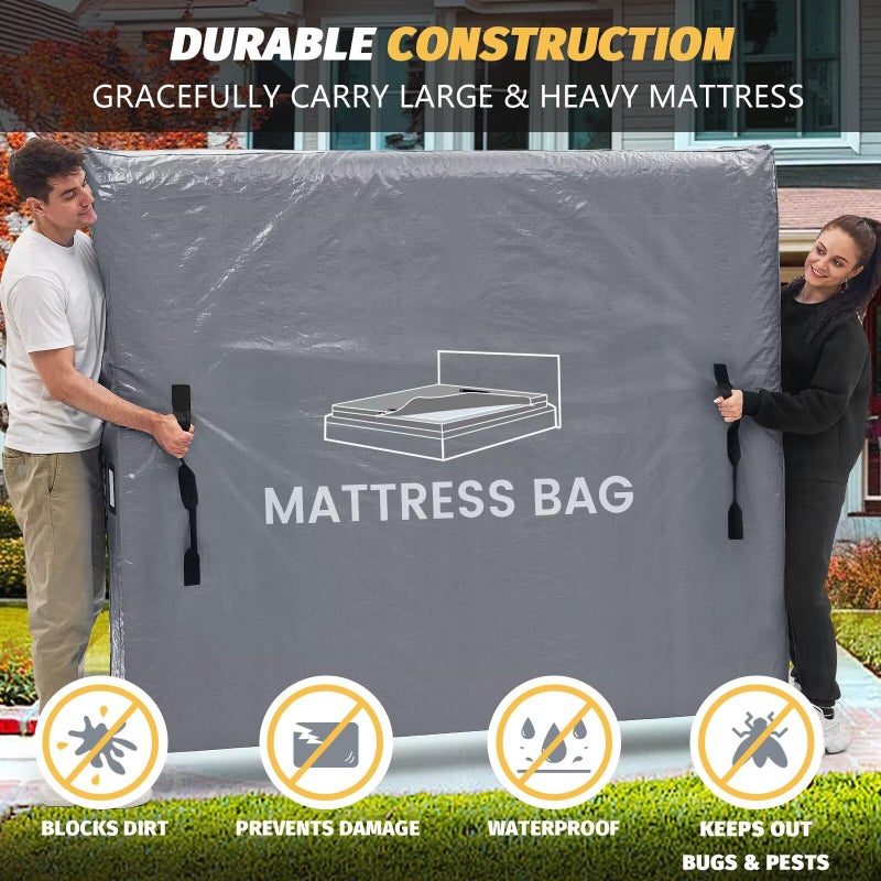 BETU Mattress Bags for Moving and Storage, BETU Queen Mattress Protector Waterproof Mattress Cover with 8 Heavy Duty Handles and Zipper Extra Thick Moving Supplies for Bed Reusable (82x62x13.5 Grey) - Image 3