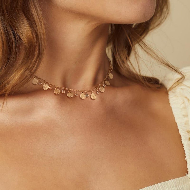 MTMY Beaded Necklace for Women 14K Gold Plated Dainty Colorful Beaded Pearl Choker Necklace Delicate Boho Choker Necklace Jewelry Gift (Coin cz tassel) - Image 4