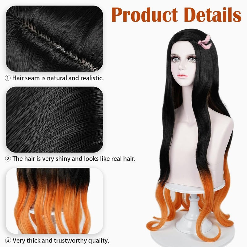 LABEAUTÉ Nezuko Cosplay Wig for Anime Black Orange Wig, Women Adult Long Halloween Character Costume Wigs Cosplay Clothes for Demon Slayer - Image 2