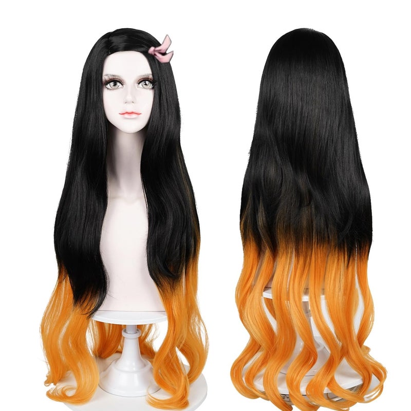 LABEAUTÉ Nezuko Cosplay Wig for Anime Black Orange Wig, Women Adult Long Halloween Character Costume Wigs Cosplay Clothes for Demon Slayer - Image 1