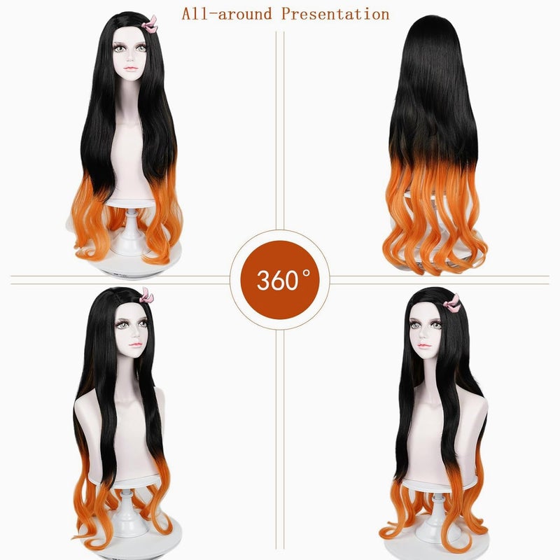 LABEAUTÉ Nezuko Cosplay Wig for Anime Black Orange Wig, Women Adult Long Halloween Character Costume Wigs Cosplay Clothes for Demon Slayer - Image 4