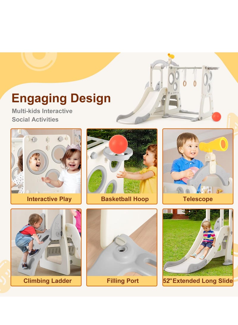 ما بيبي منزلق للأطفال الصغار 6 في 1، منزلق مستقل للأطفال مع طوق كرة سلة، سلم تسلق، قضيب أفقي، حلقات تعليق وتلسكوب، لعبة ملعب داخلي وخارجي في الفناء الخلفي - Image 3