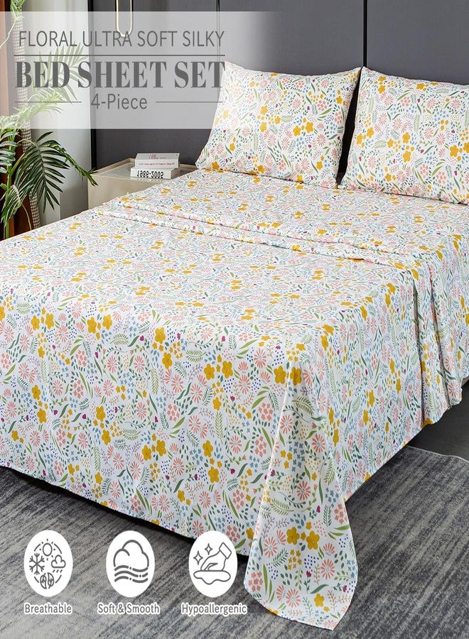Bedlifes King Sheet Set Ultra Soft, Breathable, Silky Flower Deep Pocket 100% Microfiber Bedding, 4 Piece King Size Floral - Image 2