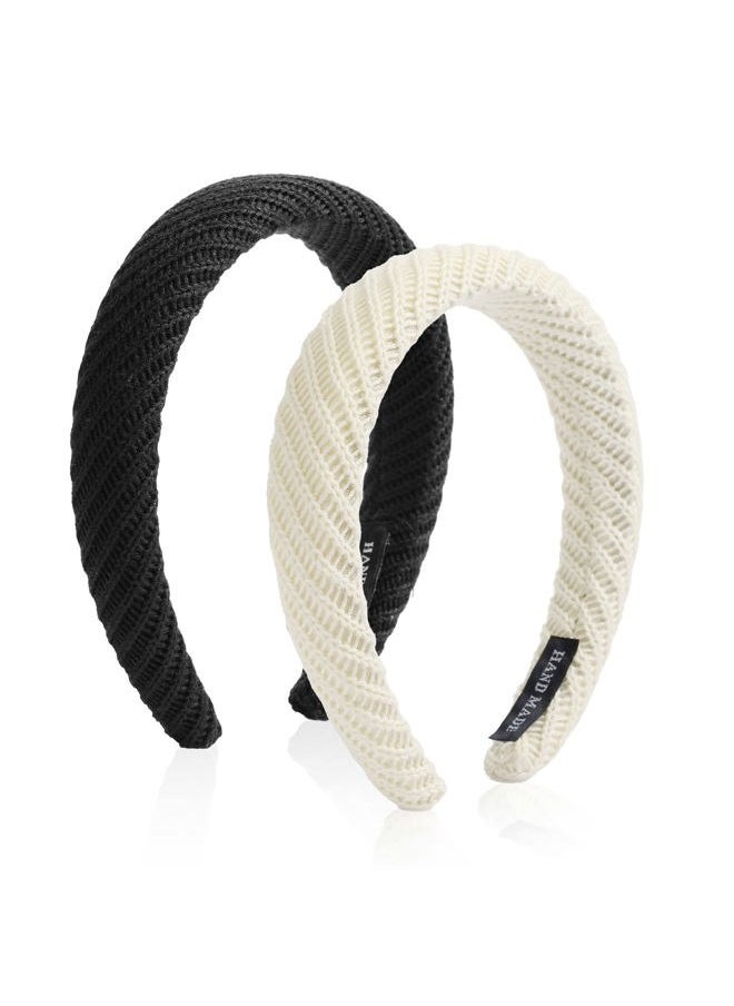 AIEX 2pcs Headbands for Women, Knitted Pure Color Wide Headband Winter Fashion Headband for Washing Face, Sports, Hair Accessories (Black & White)  - Image 1