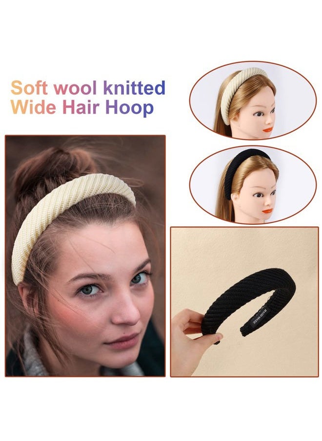 AIEX 2pcs Headbands for Women, Knitted Pure Color Wide Headband Winter Fashion Headband for Washing Face, Sports, Hair Accessories (Black & White)  - Image 5