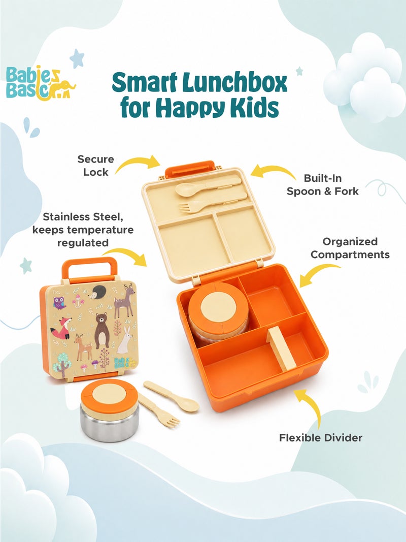 Babies Basic Insulated Bento Lunchbox with Stainless Steel Bottle, 3+ Years - Beige - Zoo - Image 3