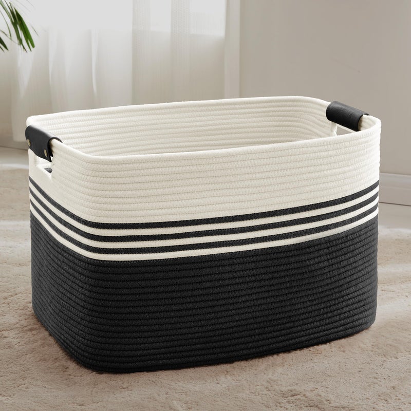 Sunnewt 86L Extra Large Laundry Basket With Leather Handles For Living Room Storage  Woven Rope Baskets For Blanket  Kids Toy  Gifts  Wicker Hamper For Bedroom Dirty Clothes  24""X16""X14"" White Black - Image 1
