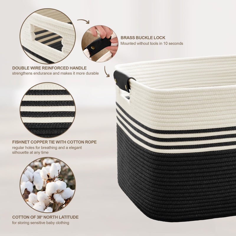 Sunnewt 86L Extra Large Laundry Basket With Leather Handles For Living Room Storage  Woven Rope Baskets For Blanket  Kids Toy  Gifts  Wicker Hamper For Bedroom Dirty Clothes  24""X16""X14"" White Black - Image 5