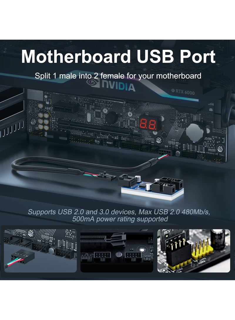 سانموجيد اللوحة الأم USB 2.0 برأس 9 سنون من 1 إلى 2 محول موزع موزع تمديد اللوحة الأم - محول ميجابايت USB 2.0 أنثى إلى 2 أنثى - كابل USB 9 سنون كابل داخلي 9 سنون كابل داخلي 9 سنون محول منفذ مضاعف - Image 2
