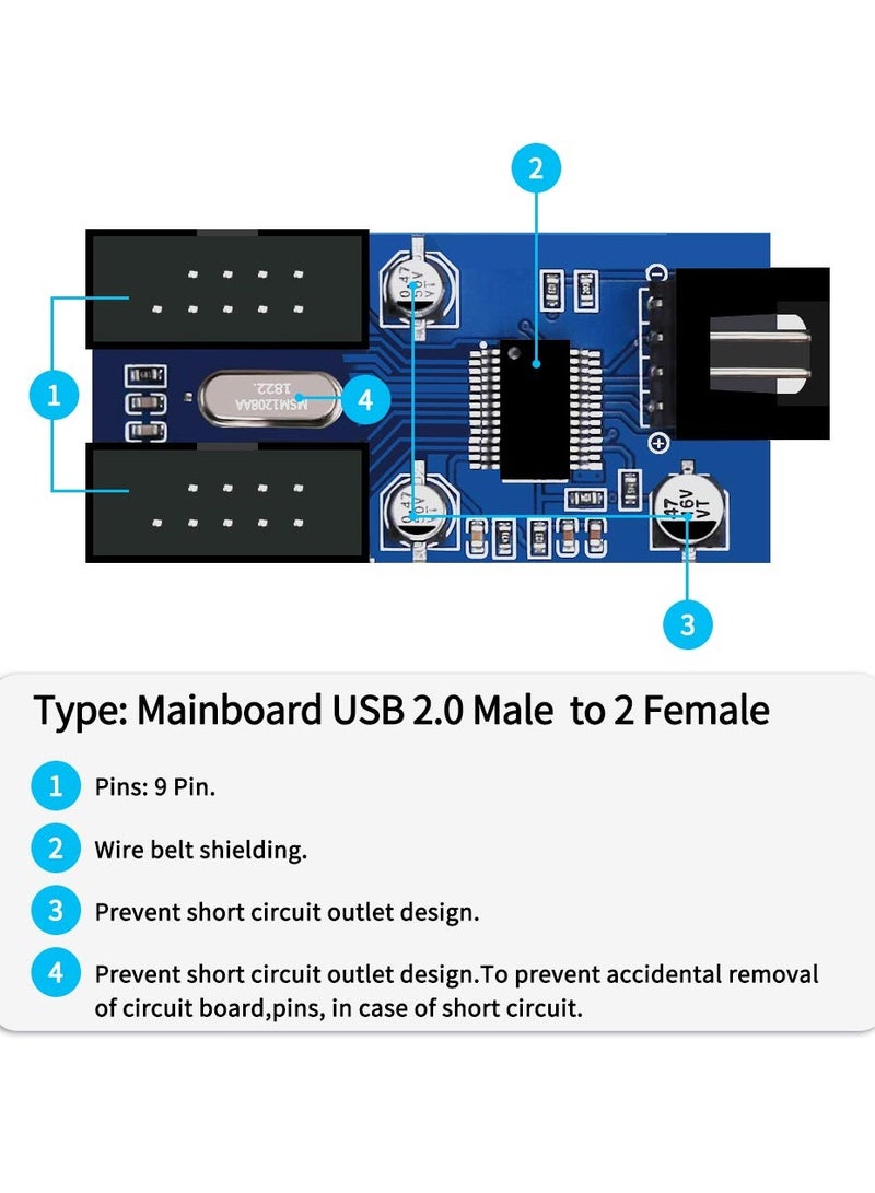 سانموجيد اللوحة الأم USB 2.0 برأس 9 سنون من 1 إلى 2 محول موزع موزع تمديد اللوحة الأم - محول ميجابايت USB 2.0 أنثى إلى 2 أنثى - كابل USB 9 سنون كابل داخلي 9 سنون كابل داخلي 9 سنون محول منفذ مضاعف - Image 4
