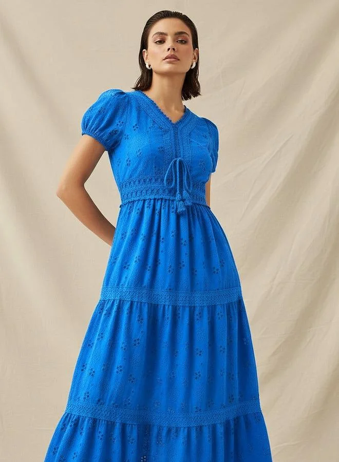تواكستريمز 2Xtremz A line Midi Cotton Tiered Dress with Schiffli Embroidery
