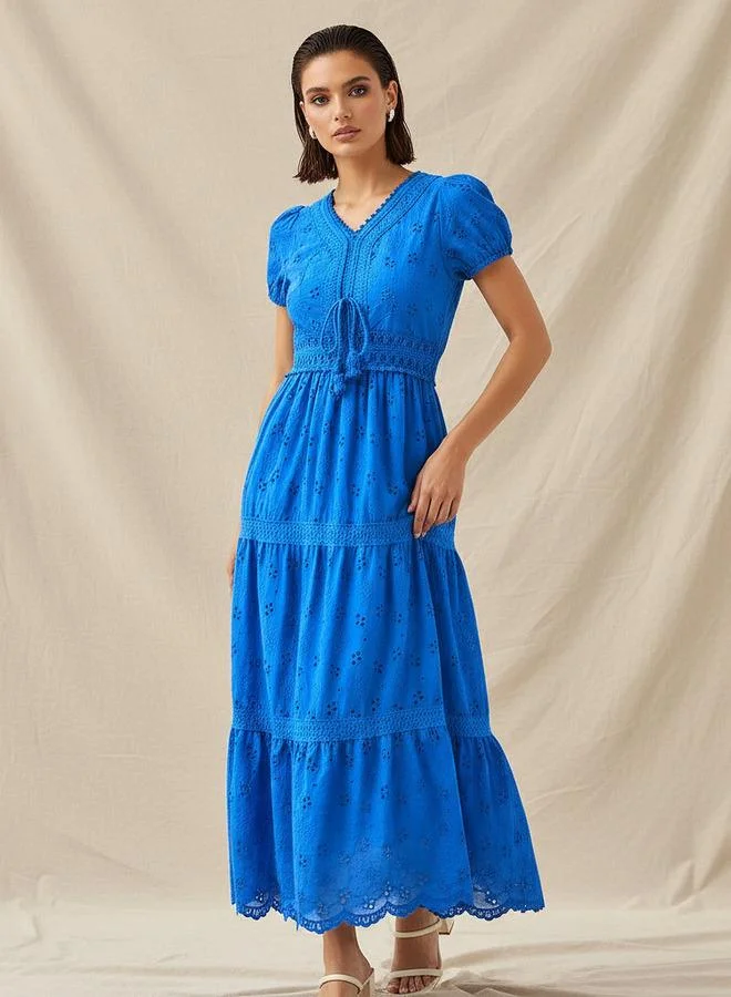تواكستريمز 2Xtremz A line Midi Cotton Tiered Dress with Schiffli Embroidery