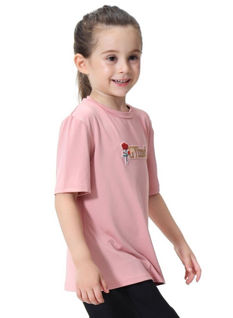 Loquat Girl's Round Neck Short Sleeve T-Shirt Dark Pink  - Image 2