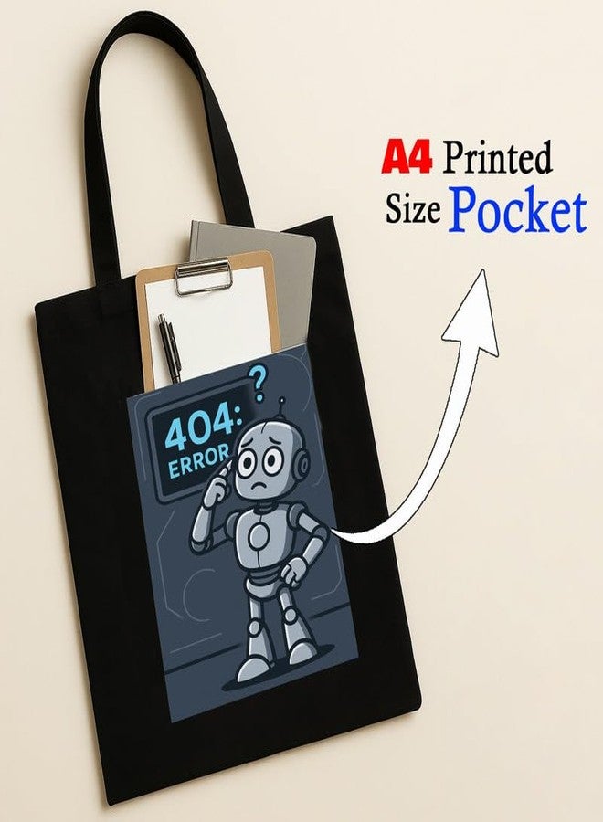 Megrok 404 Error Tote Bag for Women | Front A4 Size Printed Pocket | 16x14 Inch Programmer Cotton Bag | IT Department Favorite - Image 2