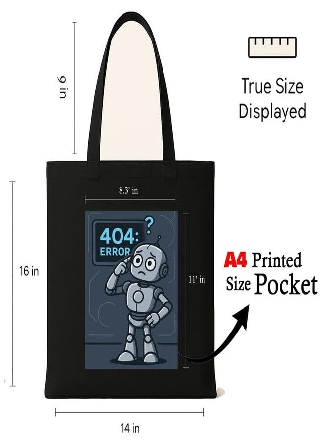Megrok 404 Error Tote Bag for Women | Front A4 Size Printed Pocket | 16x14 Inch Programmer Cotton Bag | IT Department Favorite - Image 3