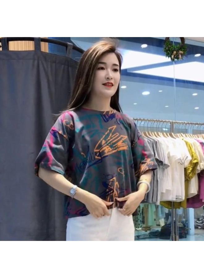 Internet Celebrity Fire Graffiti Short-sleeved T-shirt Women's Summer Korean Loose Women's Short-sleeved Stylike Printed Top T-shirt Trendy 