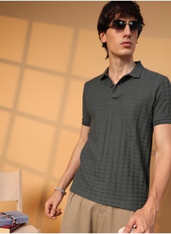 Campus Sutra Men's Charcoal Grey Houndstooth-Textured Polo T-Shirt  - Image 1