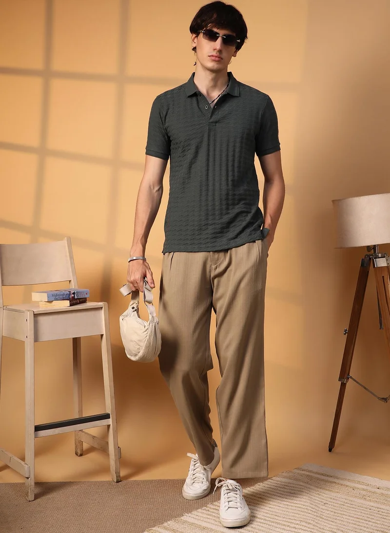 Campus Sutra Men's Charcoal Grey Houndstooth-Textured Polo T-Shirt