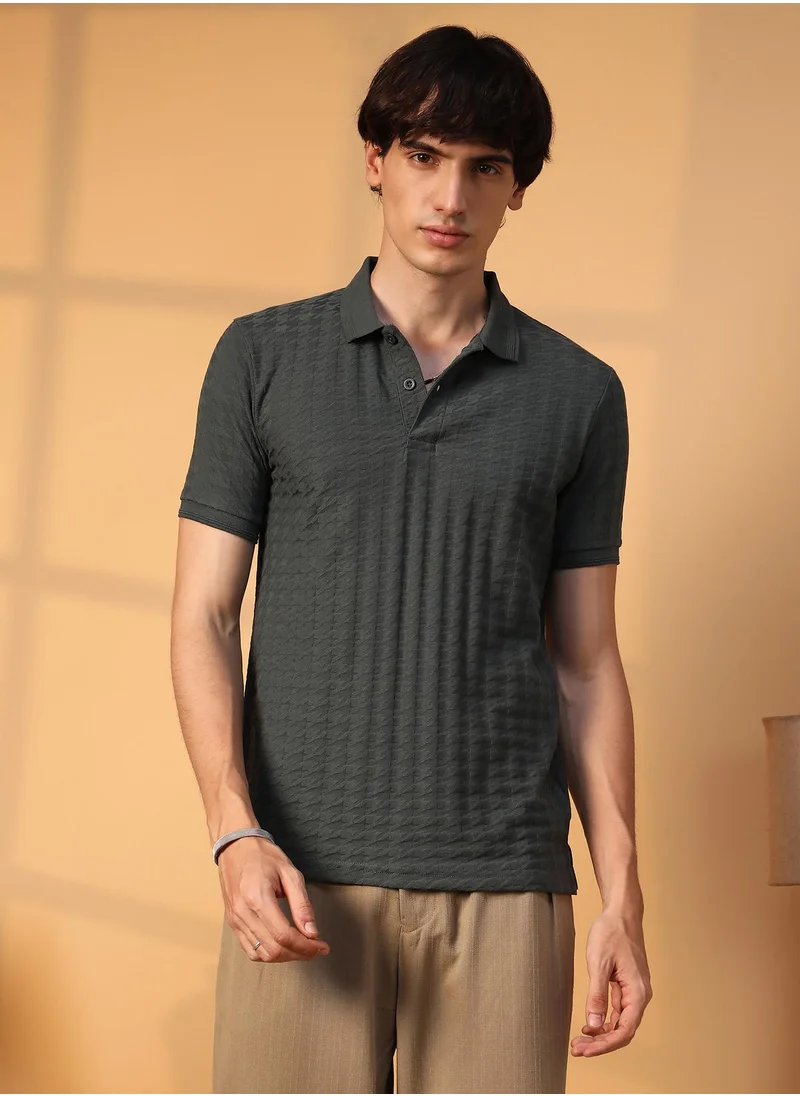 Campus Sutra Men's Charcoal Grey Houndstooth-Textured Polo T-Shirt