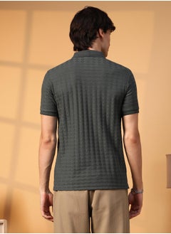 Campus Sutra Men's Charcoal Grey Houndstooth-Textured Polo T-Shirt  - Image 5