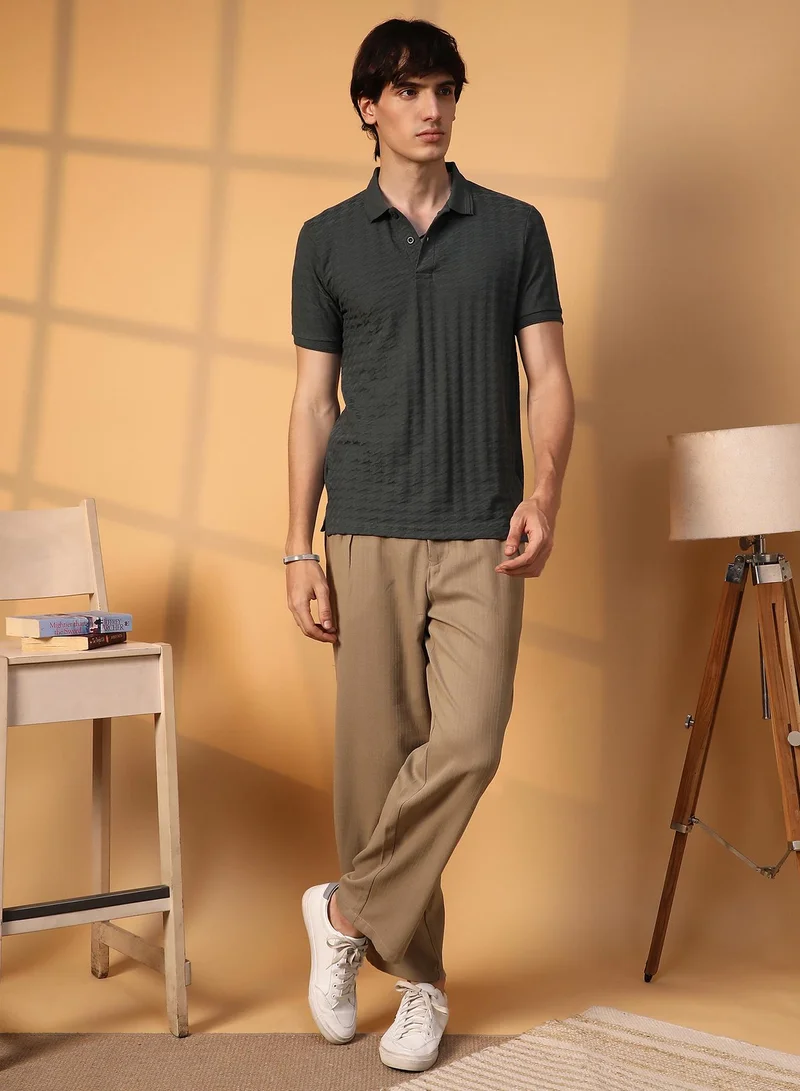 Campus Sutra Men's Charcoal Grey Houndstooth-Textured Polo T-Shirt