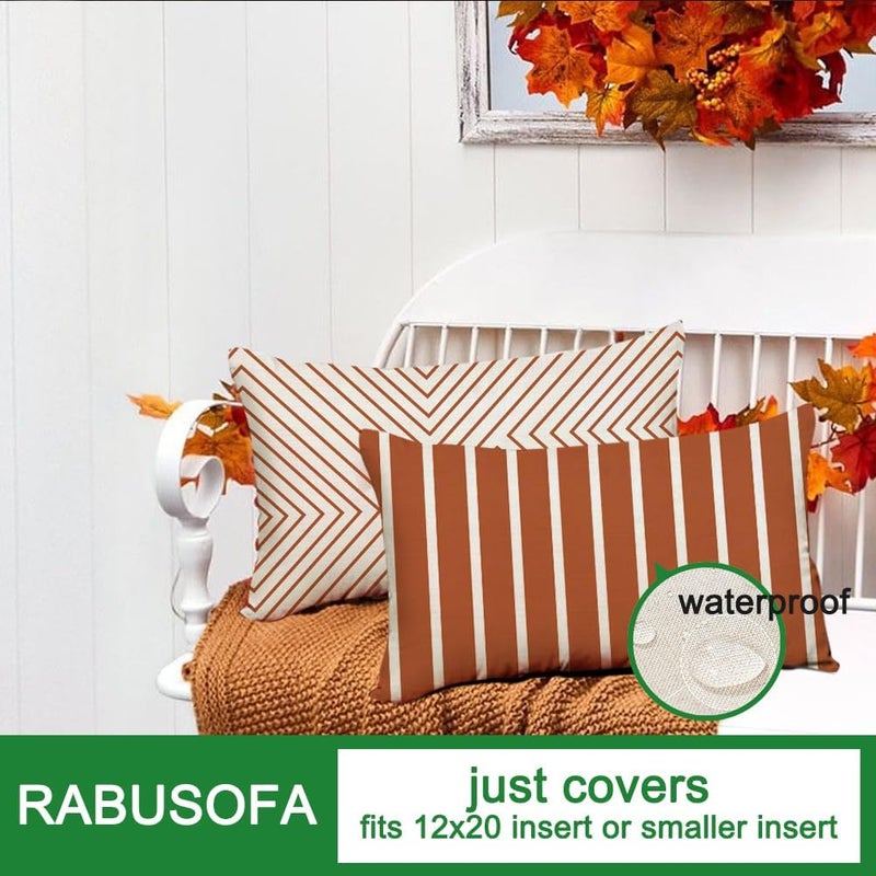 RABUSOFA أغطية وسائد خارجية من رابوسوفا مقاس 12×20 بوصة مقاومة للماء، طقم من 4 قطع من وسائد بوهو باللون الصدئ والبيج لأثاث الفناء، أريكة صنبريلا (2R-12) (صدئ وأبيض، 20×12 بوصة، طقم من 4) - Image 2