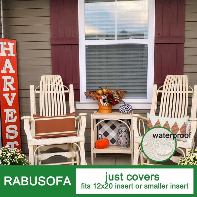 RABUSOFA أغطية وسائد خارجية من رابوسوفا مقاس 12×20 بوصة مقاومة للماء، طقم من 4 قطع من وسائد بوهو باللون الصدئ والبيج لأثاث الفناء، أريكة صنبريلا (2R-12) (صدئ وأبيض، 20×12 بوصة، طقم من 4) - Image 4