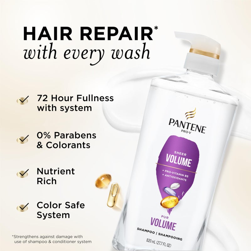 Pantene شامبو بانتين، حجم خفيف - تغذية خفيفة للشعر الناعم المعالج بالألوان، امتلاء وحجم يدومان 72 ساعة، 27.7 أونصة لكل عبوة، عبوتين + جرعة إنقاذ معجزة (0.5 أونصة) - Image 2