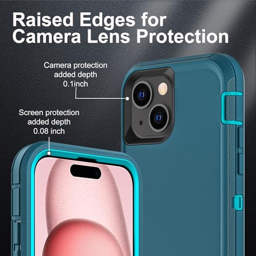 YKHJKLEC for iPhone 15 Case, Military Grade 3 in 1 Heavy Duty Shockproof/Drop Proof/Dust Proof Case with 2Pcs Tempered Glass Screen Protector (Blue/Turquoise) - Image 3