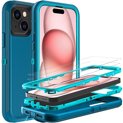 YKHJKLEC for iPhone 15 Case, Military Grade 3 in 1 Heavy Duty Shockproof/Drop Proof/Dust Proof Case with 2Pcs Tempered Glass Screen Protector (Blue/Turquoise) - Image 1