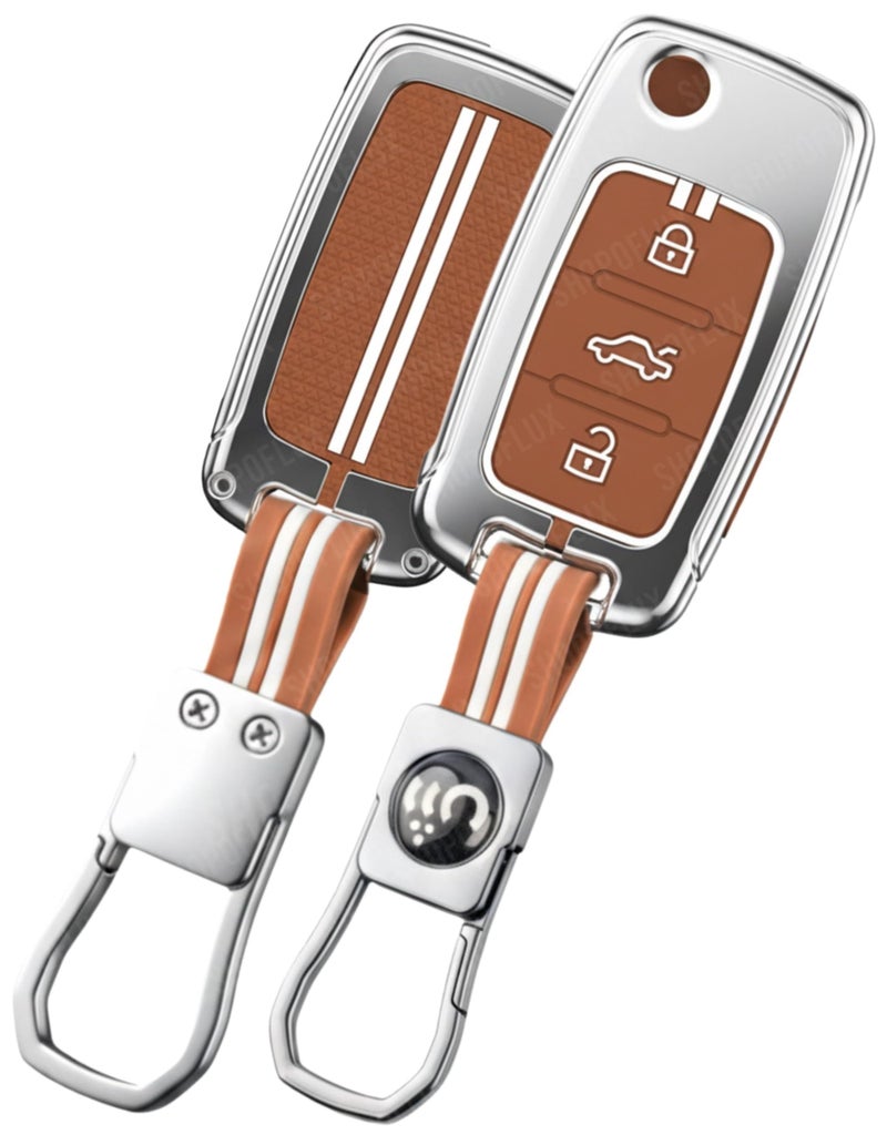 SHOPOFLUX Metal Key Cover Compatible for Skoda & Volkswagen Cars Octavia, Laura, Superb, Fabia, Rapid, Polo, Vento, Jetta, Ameo, Passat 3 Button Flip Key (Brown Silicone) - Image 1