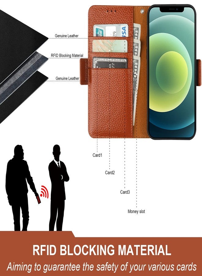 Bocasal Wallet Case for iPhone 12/12 Pro, Genuine Leather Support Wireless Charging RFID Blocking Flip Case Card Slots Holder, Kickstand Book Folding Folio Cover with Wrist Strap 6.1 Inch (Brown) - Image 3