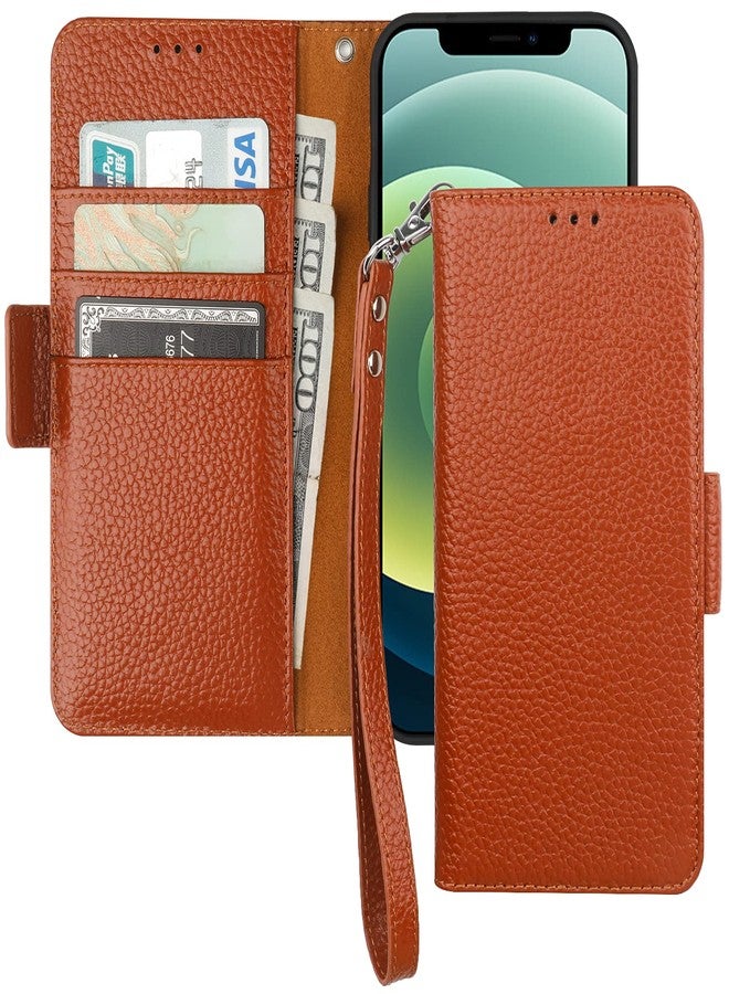 Bocasal Wallet Case for iPhone 12/12 Pro, Genuine Leather Support Wireless Charging RFID Blocking Flip Case Card Slots Holder, Kickstand Book Folding Folio Cover with Wrist Strap 6.1 Inch (Brown) - Image 1