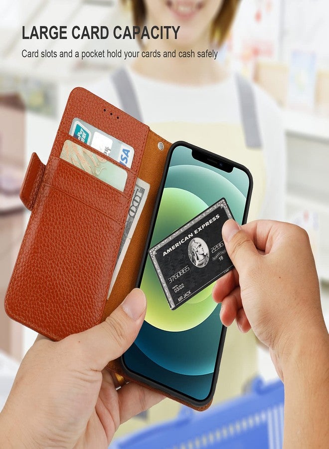 Bocasal Wallet Case for iPhone 12/12 Pro, Genuine Leather Support Wireless Charging RFID Blocking Flip Case Card Slots Holder, Kickstand Book Folding Folio Cover with Wrist Strap 6.1 Inch (Brown) - Image 4