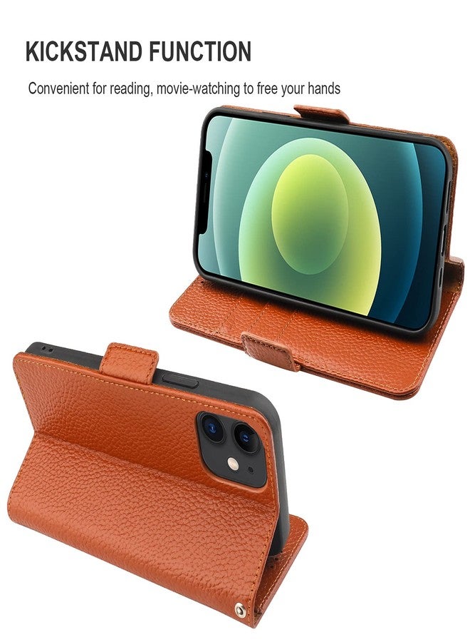 Bocasal Wallet Case for iPhone 12/12 Pro, Genuine Leather Support Wireless Charging RFID Blocking Flip Case Card Slots Holder, Kickstand Book Folding Folio Cover with Wrist Strap 6.1 Inch (Brown) - Image 5